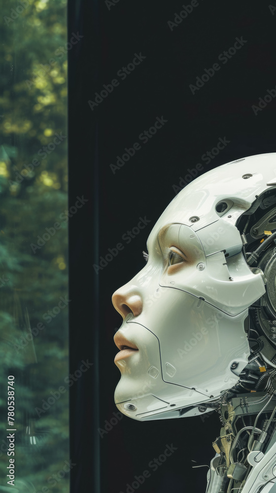 free space on the left corner for title banner with FOREST BACKGROUND minimal robotic head,