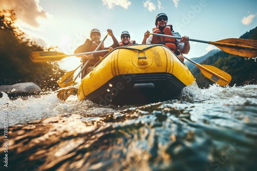 A group of people are rafting down a river, with one person wearing a yellow life jacket photo