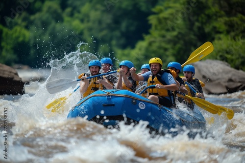 A group of people are rafting down a river, with one man holding a paddle. The water is choppy and the group is having a great time