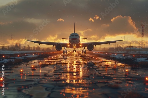 A large aircraft is departing from a runway at sunset, soaring into the sky