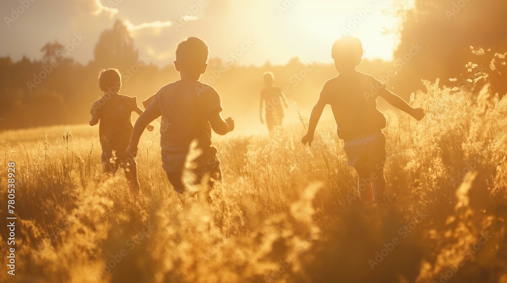 A group of children are running through a field of tall grass. The sun is shining brightly, casting a warm glow over the scene. The children are laughing