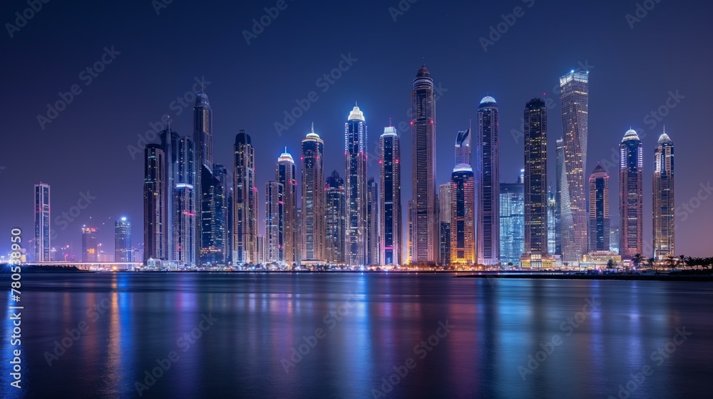 A city skyline is lit up at night, with the water reflecting the lights. Scene is serene and peaceful, as the city and water seem to be in harmony