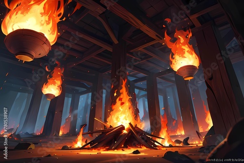 ゲーム背景燃え盛る炎のある木造柱の屋内光景 photo