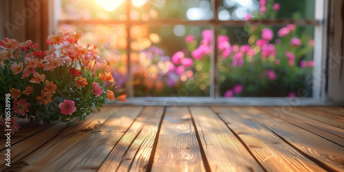 Serene Sunrise with Blooming Flowers on Wooden Deck