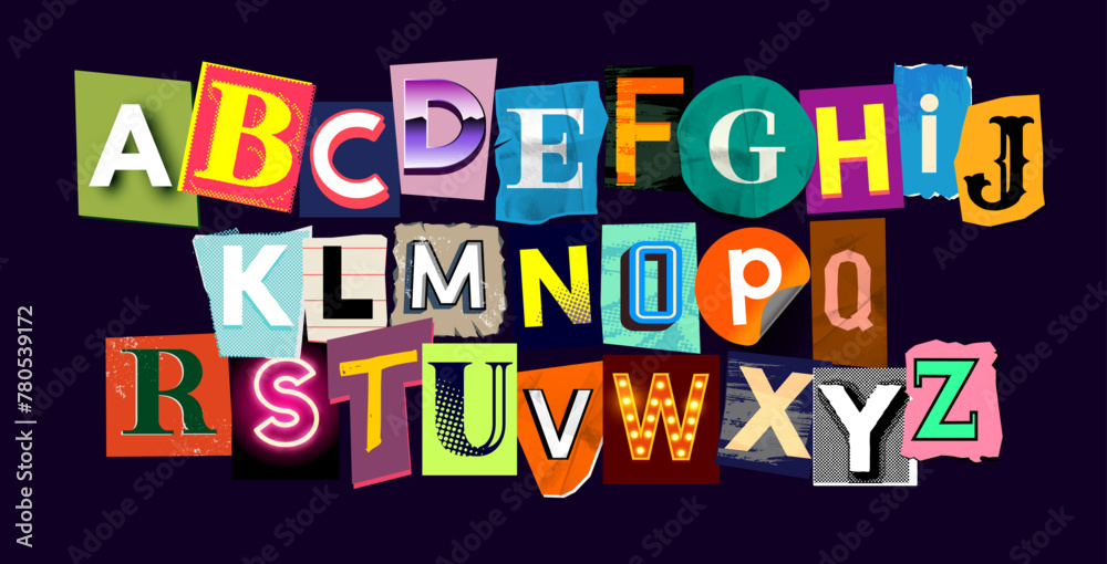 Fototapeta premium Creative collection of scrap book letters, ransom note alphabet. Vector font illustration.
