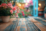 Vibrant Blooms on Distressed Wooden Table with Warm Bokeh Background
