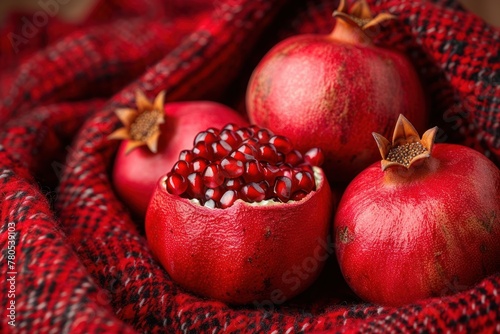 Vivid red pomegranate seeds nestled within the texture of a red Donegal tweed fabric, capturing the interplay of natural fruit and woven material