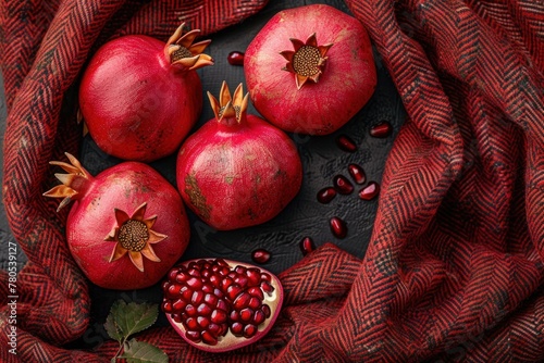 Vivid red pomegranate seeds nestled within the texture of a red Donegal tweed fabric, capturing the interplay of natural fruit and woven material