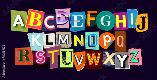 Creative collection of scrap book letters, ransom note alphabet. Vector font illustration. photo