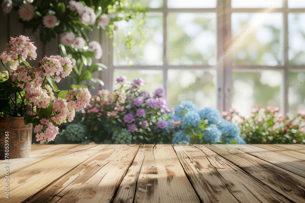 Sunlit Wooden Table with Flowers by Window