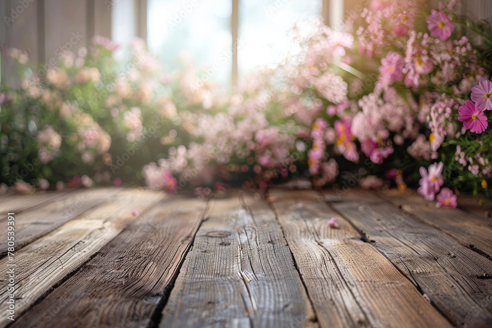 Sunlit Wooden Deck with Blossoming Flowers in Serene Garden Setting Sunlit Wooden Deck with Blossoming Flowers in Serene Garden Setting