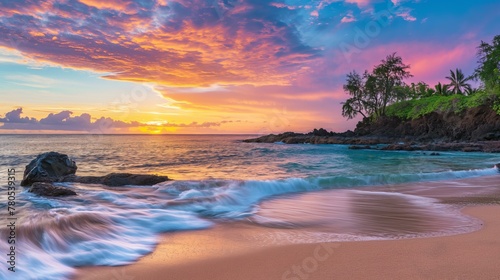 A beautiful sunset over the ocean with a rocky shoreline. The sky is filled with clouds and the sun is setting  creating a warm and peaceful atmosphere