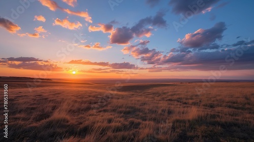 A beautiful sunset over a field of grass. The sky is filled with clouds, and the sun is setting in the distance. The scene is peaceful and serene