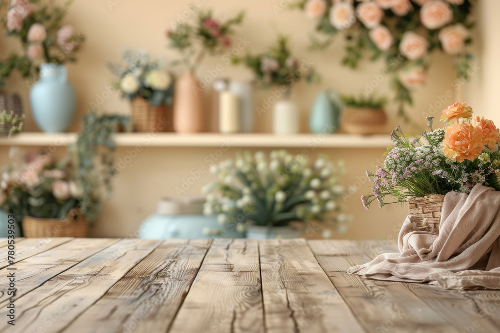 Rustic Floral Arrangement on Wooden Table with Pastel Home Decor Background Rustic Floral Arrangement on Wooden Table with Pastel Home Decor Background