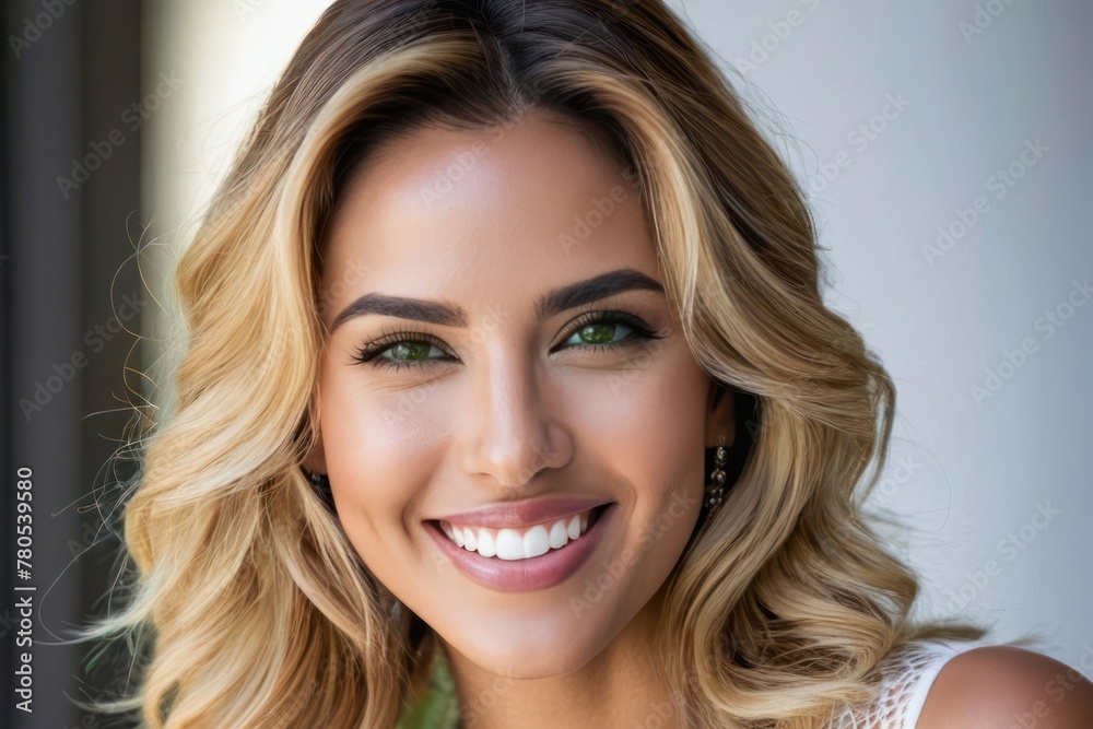 Close up portrait beautiful model woman with white teeth smile, healthy long flowing hair and beauty skin. Concept of advertising a dentist, hairstyle and facial care. Generative AI Close up portrait beautiful model woman with white teeth smile, healthy long flowing hair and beauty skin. Concept of advertising a dentist, hairstyle and facial care. Generative AI