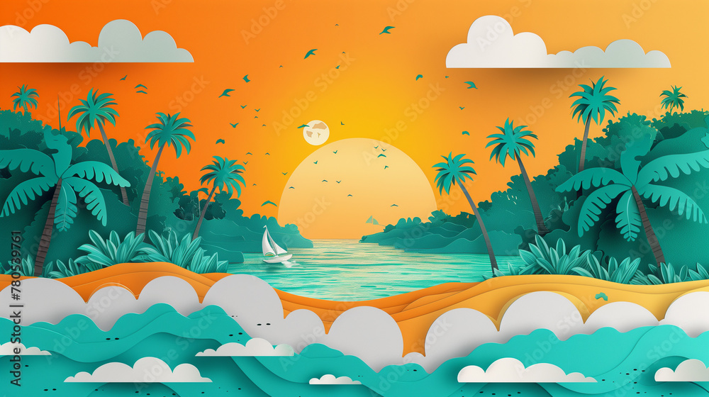 summer landscape background in paper cut style