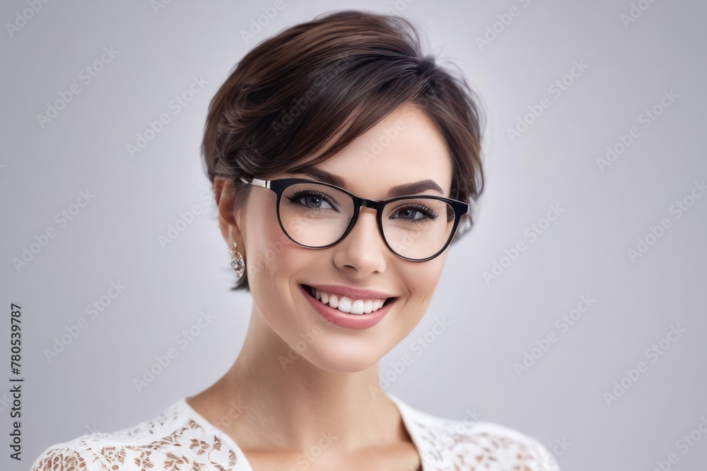 Portrait beautiful blonde model woman in glasses with white teeth smile, healthy hair and beauty skin on gray background. Concept of vision correction, dentist and facial care. Generative AI