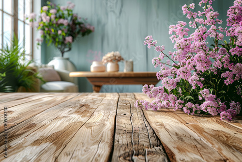 Rustic Wooden Table with Blooming Lilacs Interior Setting