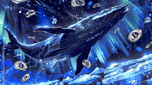 Whale traversing a cosmic ice field with bitcoins, symbolizing exploration and innovation in digital currency and fintech, Financial Dominance and Wealth