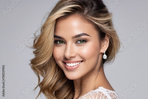 Close up portrait beautiful model woman with white teeth smile, healthy long flowing hair and beauty skin. Concept of advertising a dentist, hairstyle and facial care. Generative AI photo
