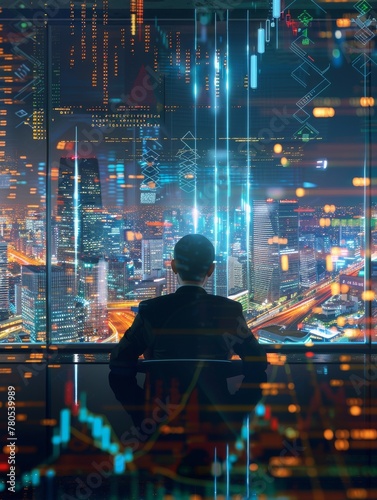 Businessman analyzing floating holographic stock tickers, in a 60s office with a futuristic skyline view