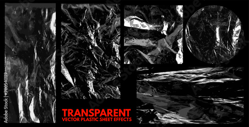 A collection of plastic packaging transparent sheet cellophane wrapper effects. Vector illustration.
