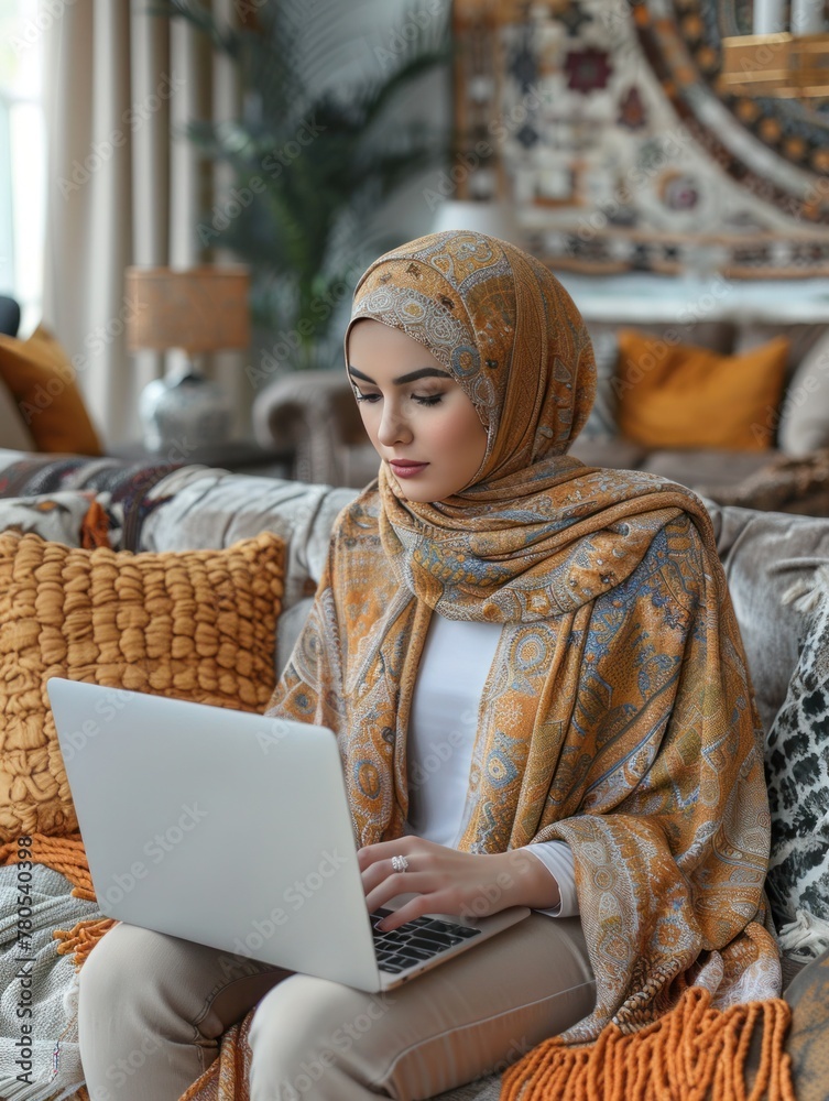 A young woman wearing a hijab is seen working from home, using her laptop in the comfort of her living room. A young woman wearing a hijab is seen working from home, using her laptop in the comfort of her living room.