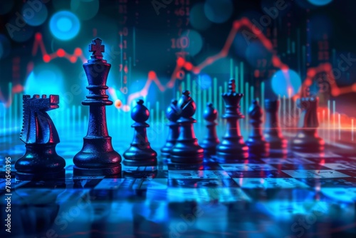 Chess pieces on board with financial data graph in background symbolizing strategy..
