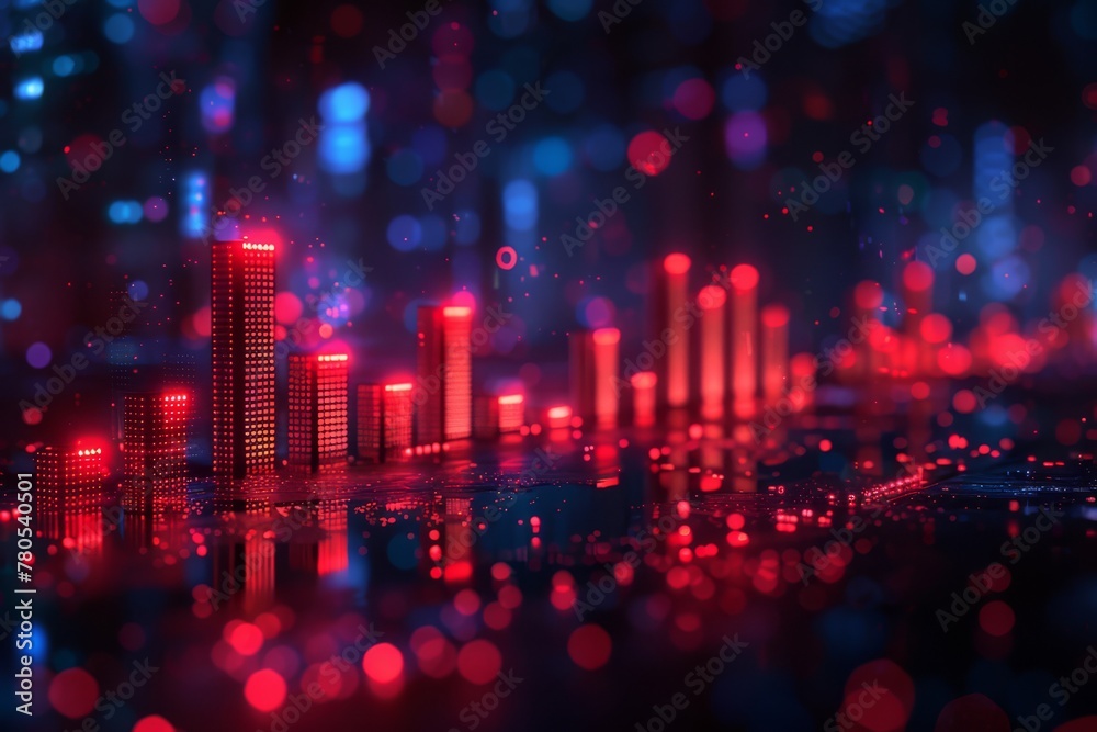 Futuristic red data bars in a digital landscape evoke a cybernetic cityscape in a dreamy haze.. Futuristic red data bars in a digital landscape evoke a cybernetic cityscape in a dreamy haze..