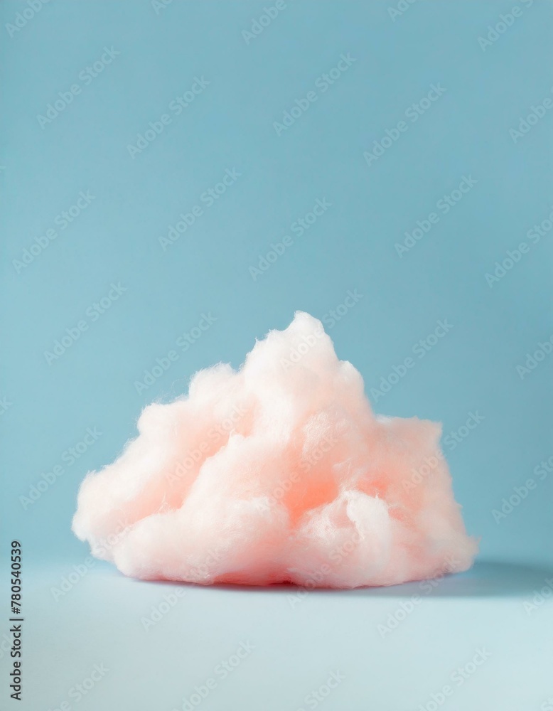 A fluffy mound of pink cotton candy resembling a cloud, placed off-center on a pale blue background A fluffy mound of pink cotton candy resembling a cloud, placed off-center on a pale blue background
