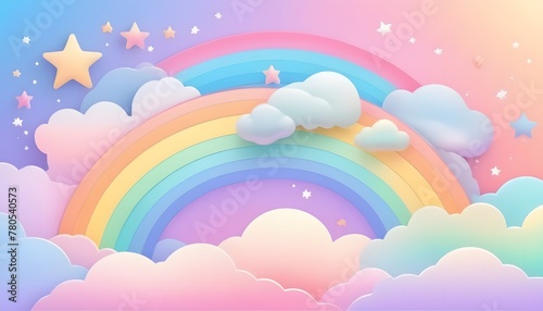 Obraz na płótnie Holographic fantasy rainbow background with clouds and stars. Pastel color sky. Magical landscape, abstract fabulous pattern. Cute candy wallpaper w salonie