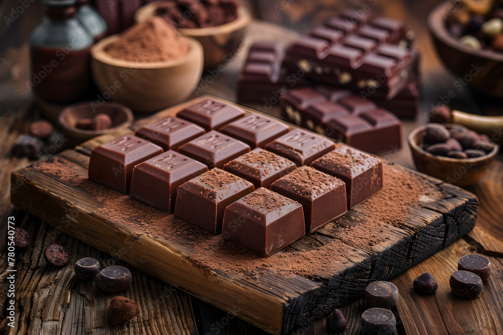 Milk chocolate on a wooden board Milk chocolate on a wooden board