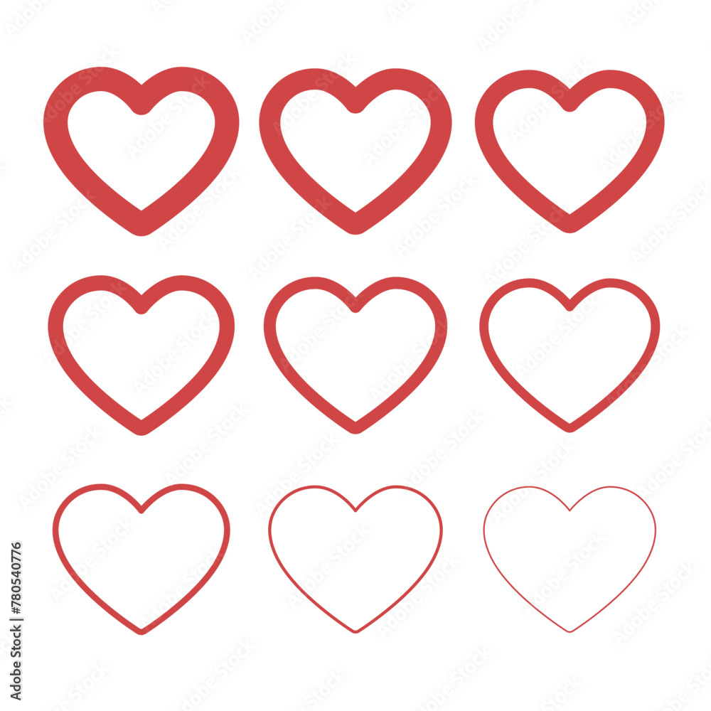 Hearts Red Outline Thin to Thick Set