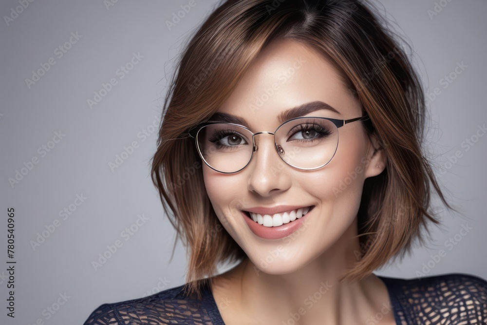 Fototapeta premium Portrait beautiful blonde model woman in glasses with white teeth smile, healthy hair and beauty skin on gray background. Concept of vision correction, dentist and facial care. Generative AI