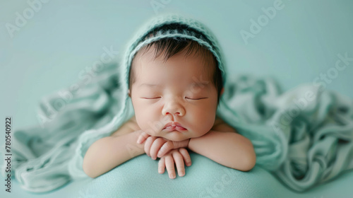 Cute studio photography of a newborn baby boy sleeping with cute props on soft blue background