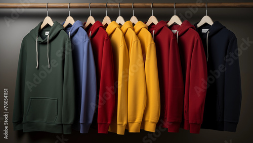 Several hoodies of different colors hang on a hanger on a dark background logo Placement and Branding concept