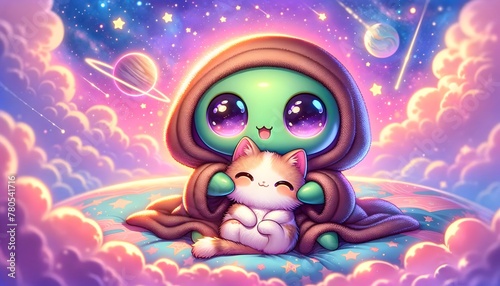 Cosmic Cuteness Overload: Adorable Alien and Fluffy Kitten Amongst Sparkling Stars and Planets