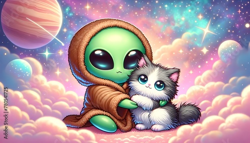Cosmic Cuteness Overload: Adorable Alien and Fluffy Kitten Amongst Sparkling Stars and Planets