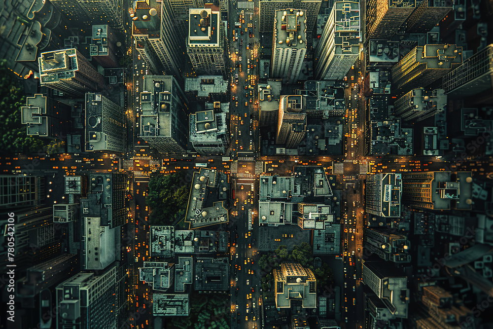 top-down image of a realistic cityscape where the arrangement of streets and buildings
