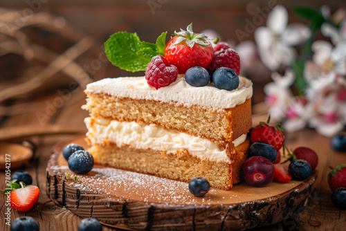 piece of cake with berries on white plate
