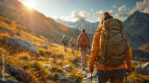  Explorers venture on a mountain hike during summer, embarking on an adventurous journey as a group, with the sunset painting their trekking experience. Nature enthusiasts, both men and women, trek th