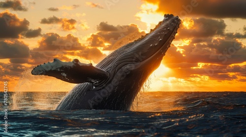 Majestic humpback whale breaching at sunset, concept of marine life and natural wonders © Picza Booth