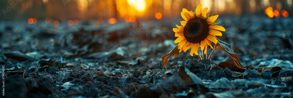 Fototapeta premium Lone Sunflower at Sunset in Autumnal Field