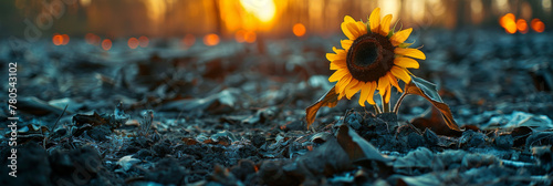 Lone Sunflower at Sunset in Autumnal Field