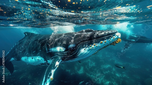 A split-view underwater shot captures a majestic whale swimming alongside other marine life in the vast ocean, showcasing the beauty and diversity of the underwater world.