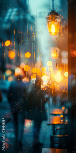 Rain-Speckled Windowpane with City Lights at Twilight