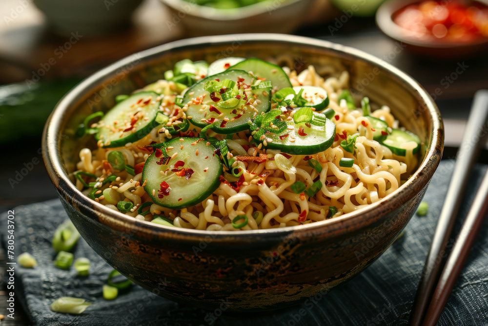 Spicy Korean Ramen Noodles with Cucumber in Ceramic Bowl