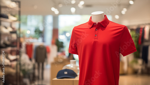 Red collar T-shirt worn on a mannequin in a minimalist style with a clothing store background logo Placement and Branding concept 