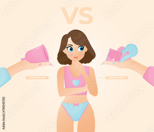 Feminine hygiene.Young woman choosing between sanitary pad and menstrual cup. Personal feminine hygiene items. Vector illustration EPS 10
