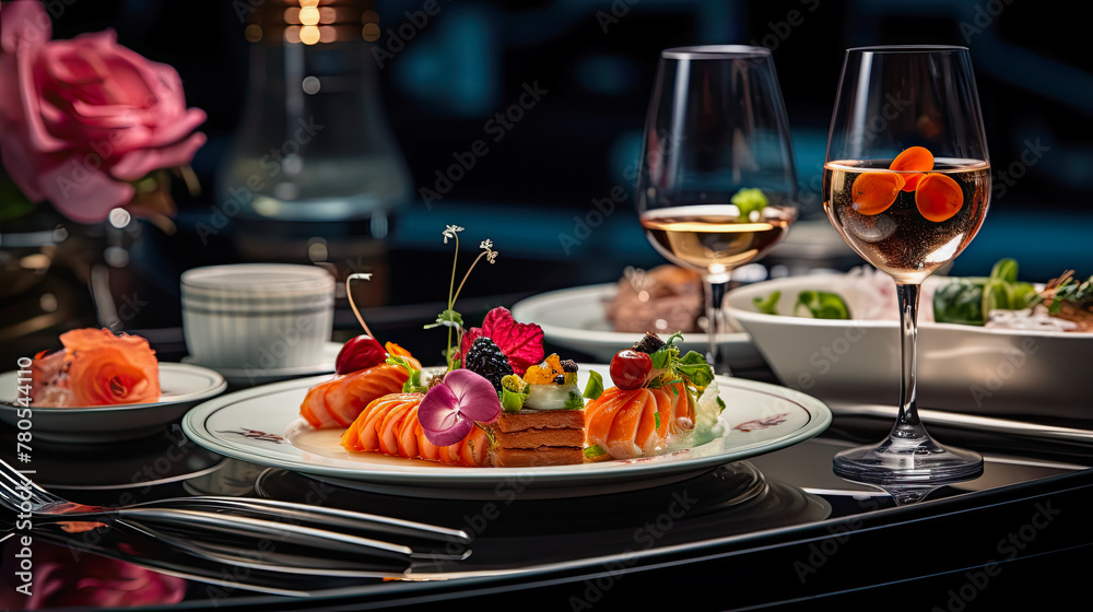 high-end gastronomic experience: meticulously plated cuisine, ambient dining setting, fine wine pairings, upscale service